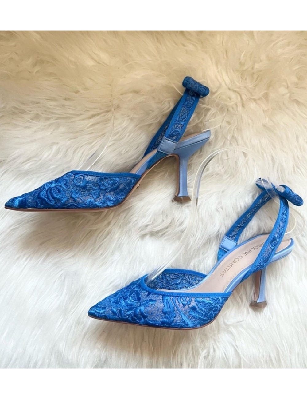 New! Caroline Constas Blue Lace Bow Slingback Pointed Toe Heels EU 37 Rare - Picture 5 of 10